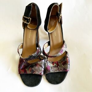 Anthropologie Women’s Tapestry Jacquard Floral Strappy Block Heel Sandals 39